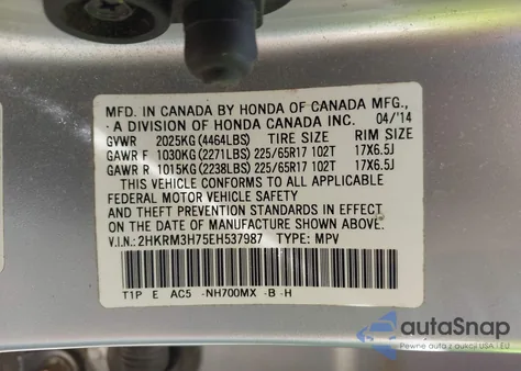 2014 Honda Cr-V Ex-L из США, поврежденный, VIN 2HKRM3H75EH537987